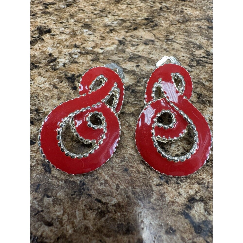 Vintage Red Enamel Swirl Clip-On Earrings Gold Tone Statement Retro Abstract
